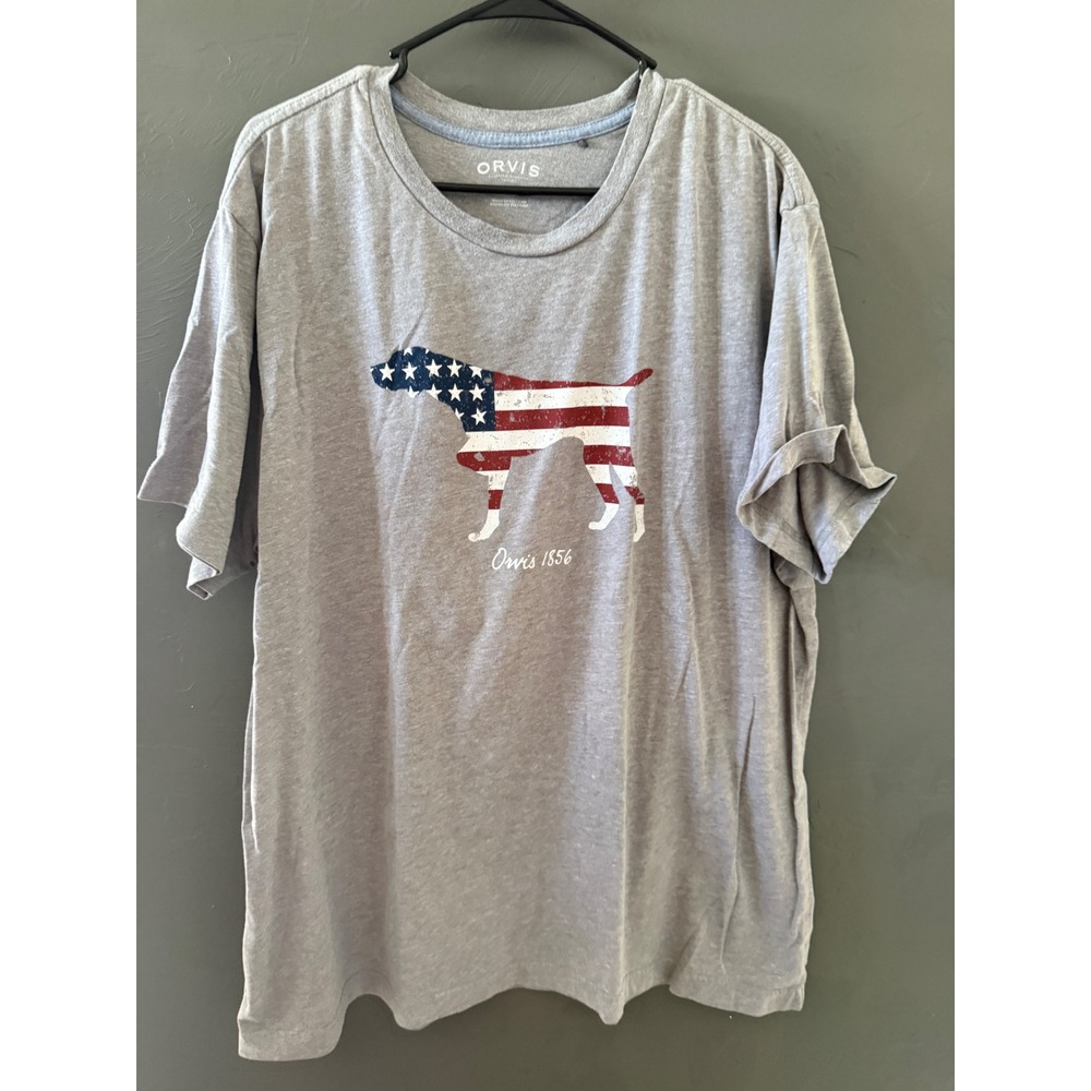 Orvis Mens XXL Gray American Flag Pointer Dog Graphic T-Shirt Classic 4th July